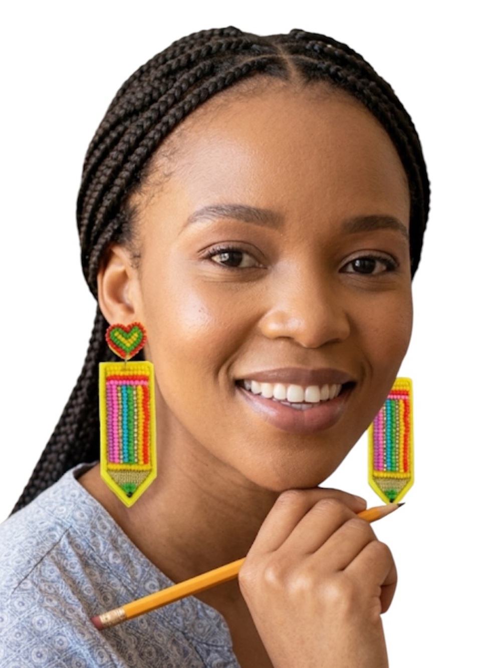 Beaded Pencil Statement Earrings Rainbow Heart Teachercore Quirky Kitsch